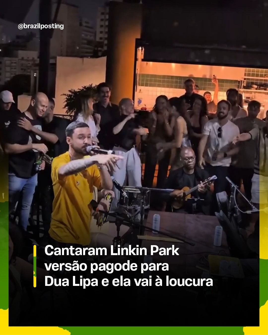 Dua Lipa cai em roda de samba em São Paulo e dança Linkin Park em versão pagode ao lado de Shawn Mendes e Bruna Marquezine