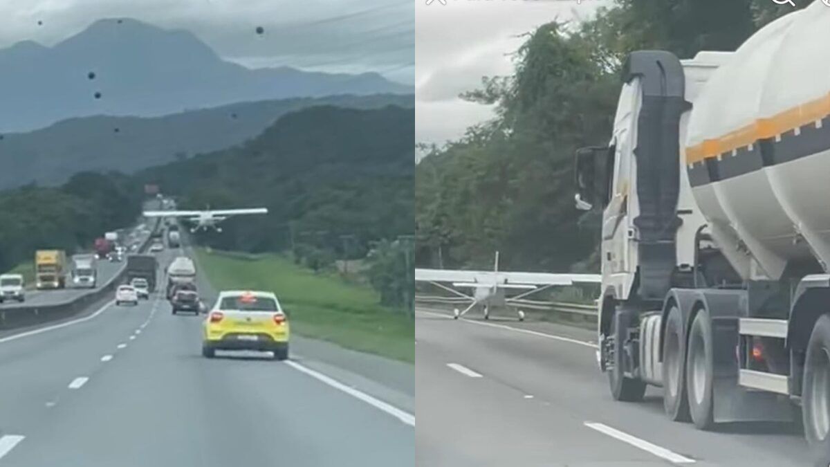 VÍDEO: Avião faz pouso forçado entre carros e caminhões na BR-101, em SC
