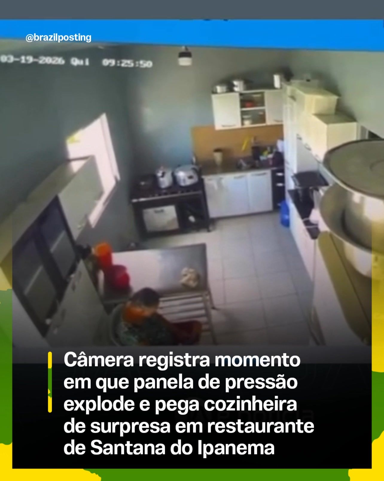 Câmera de segurança flagra panela de pressão explodindo em restaurante de Santana do Ipanema; cozinheira escapou por causa de uma propaganda no celular