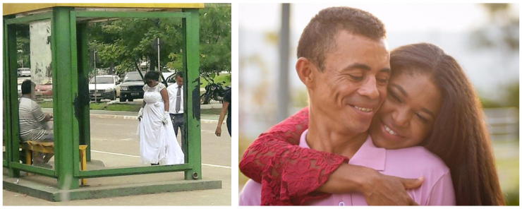 Noivos são vistos em ponto de ônibus, foto viraliza e casal ganha presentes e festa