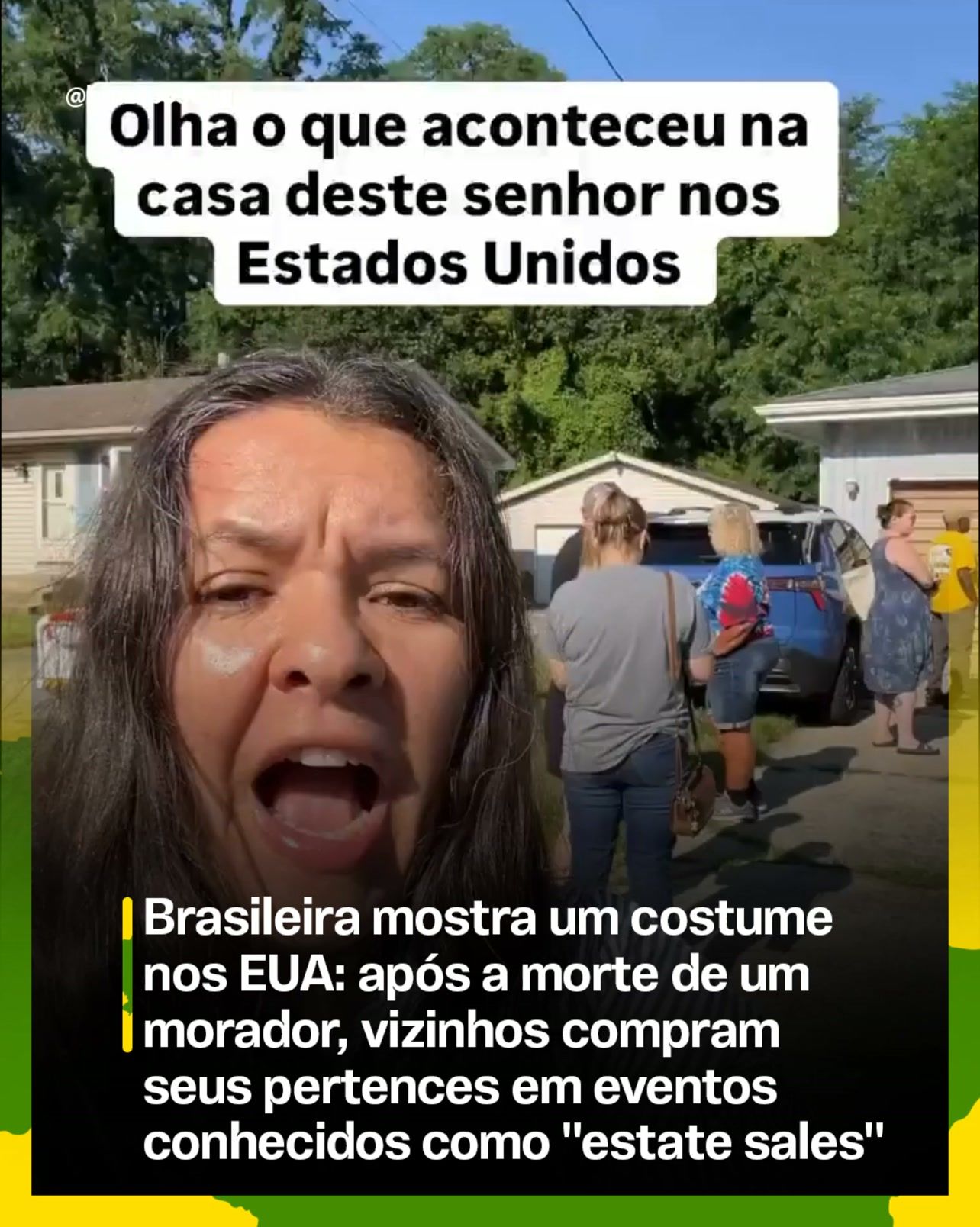 Mulher com expressão de surpresa em primeiro plano, com pessoas ao fundo observando carros estacionados durante uma venda comunitária em frente a casas num bairro residencial.