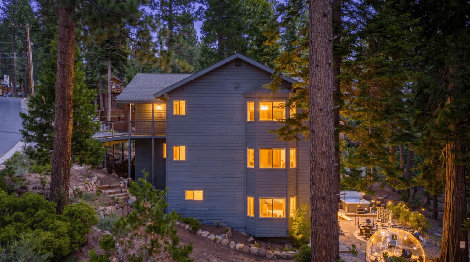 Starfall Lodge at dusk among the pines