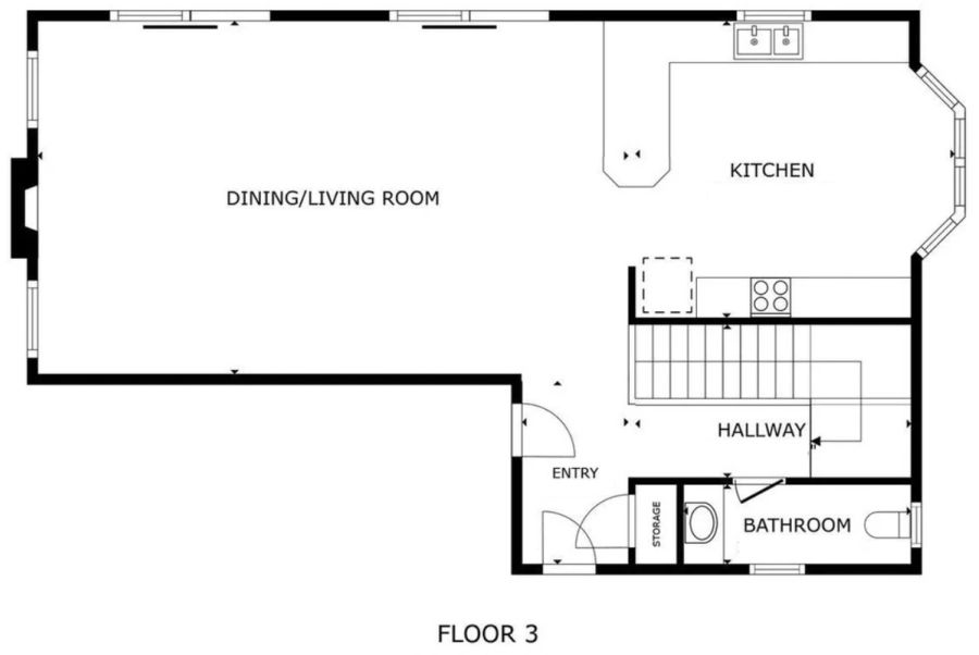 Floor plan — Floor 3: kitchen, dining and living room, entry, and bath