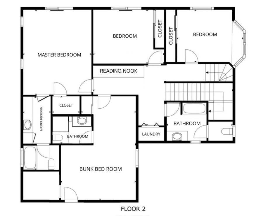 Floor plan — Floor 2: master bedroom, two bedrooms, bunk room, reading nook, laundry, and two baths