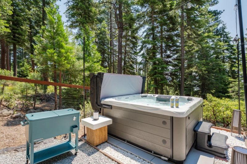 Hot tub surrounded by pines