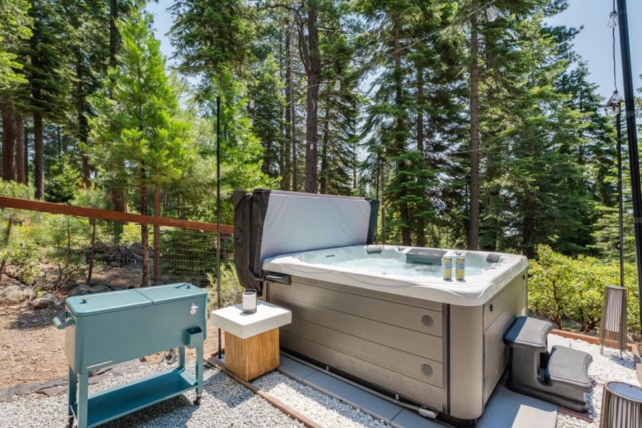 Hot tub surrounded by pines
