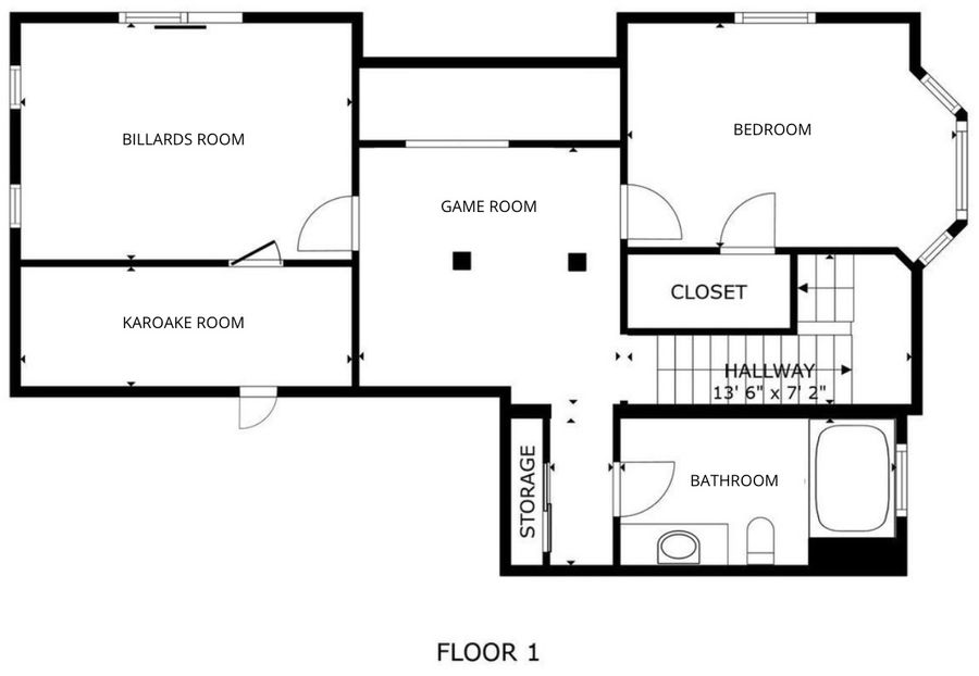Floor plan — Floor 1: game room, billiards, karaoke room, bedroom, and bath