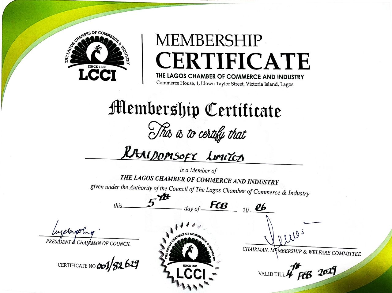 Randomsoft Limited Inducted into the Lagos Chamber of Commerce and Industry