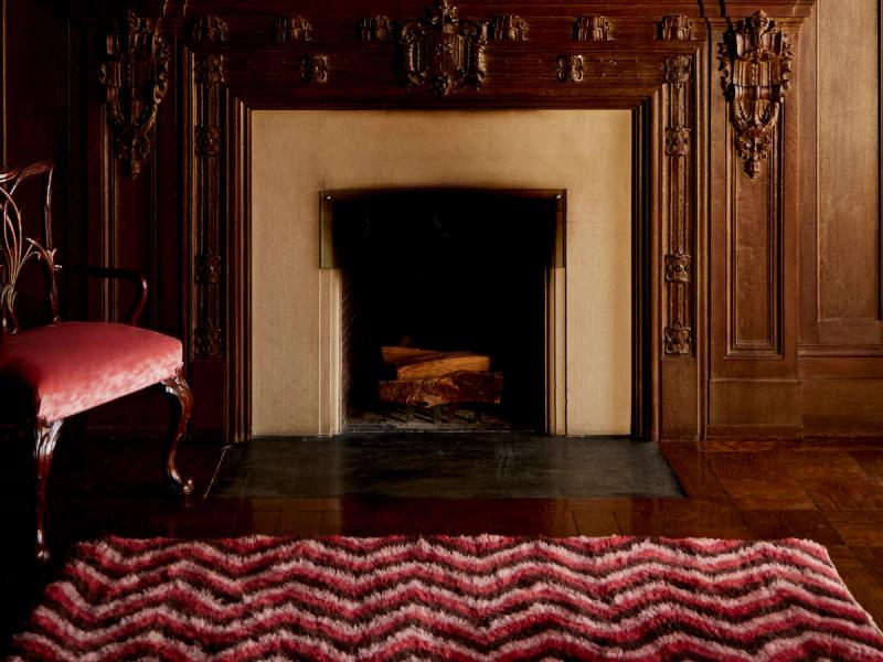 Rug in front of fireplace. 