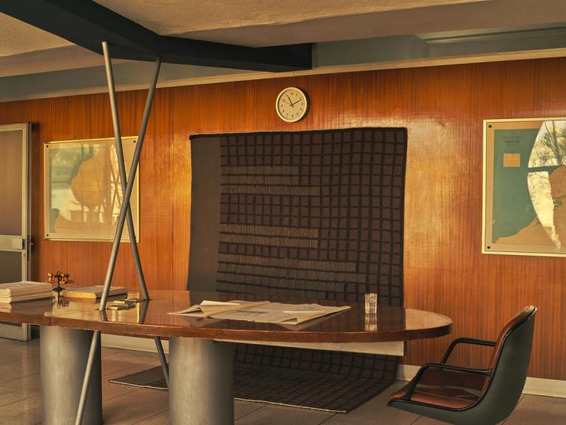 PRO-0220 rug hanging from wooden office wall behind desk