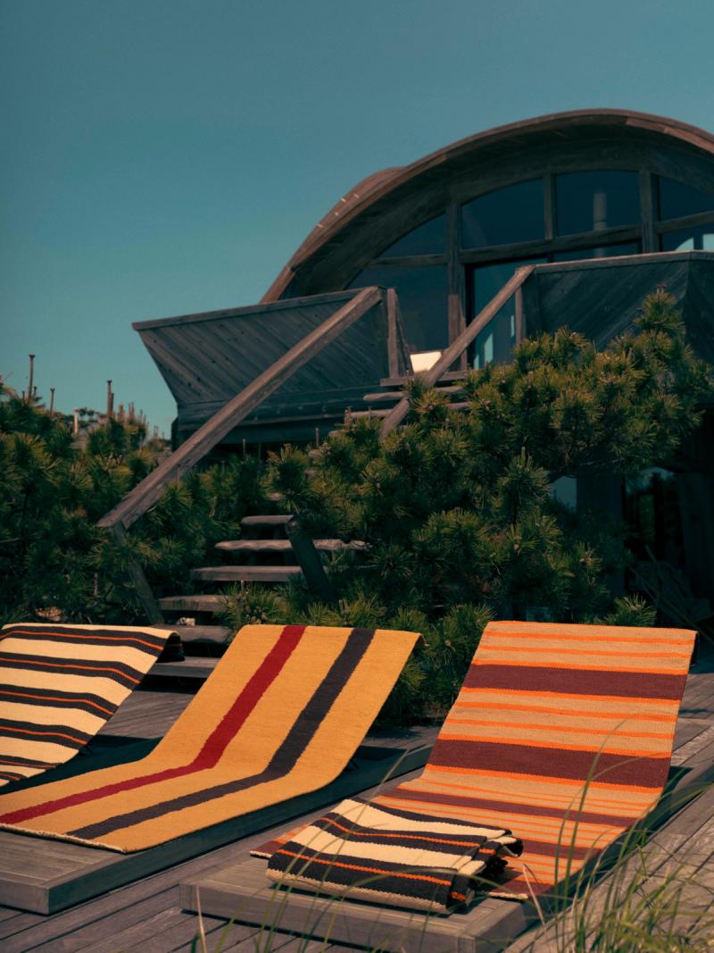 rugs on lawn chairs in front of bushes with house above