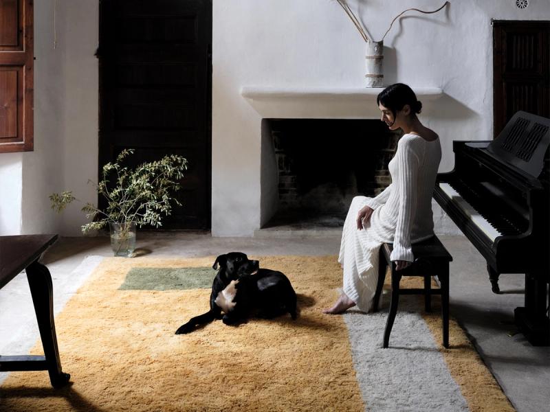 Resolute rug with woman and dog. 