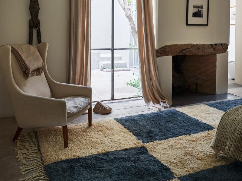 Cast rug in front of fireplace. 