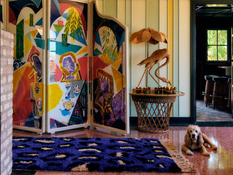 Leopard rug in living room. 