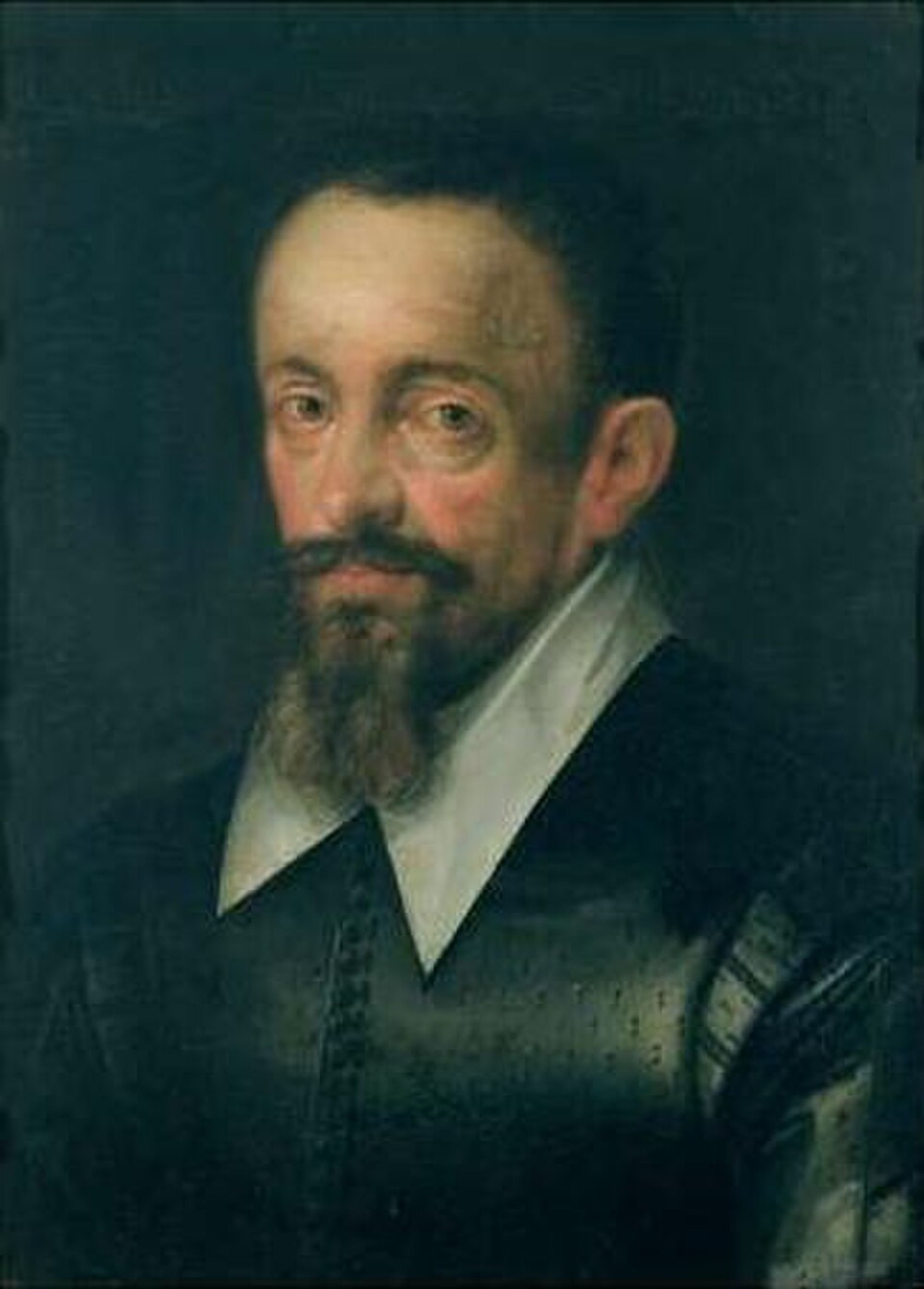 Oil portrait of a man with receding black hair, a slim face, and a long beard.