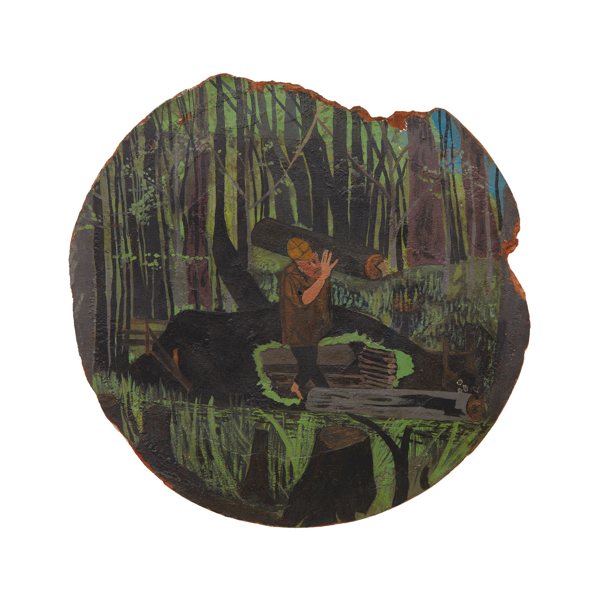 A partially damaged painting of a man carrying logs in the forest, framed on a circular, partially damaged canvas.