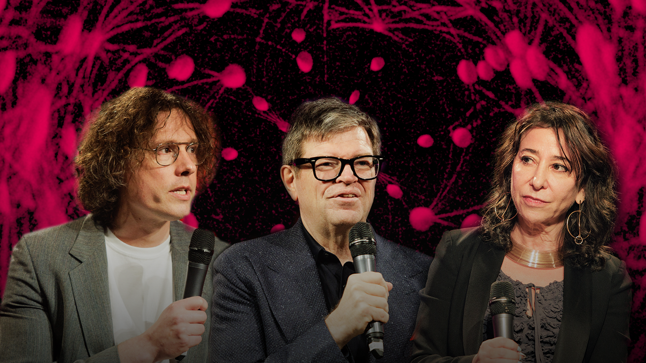 Adam Brown, Yann LeCun, and Janna Levin against an animated red and black backdrop.