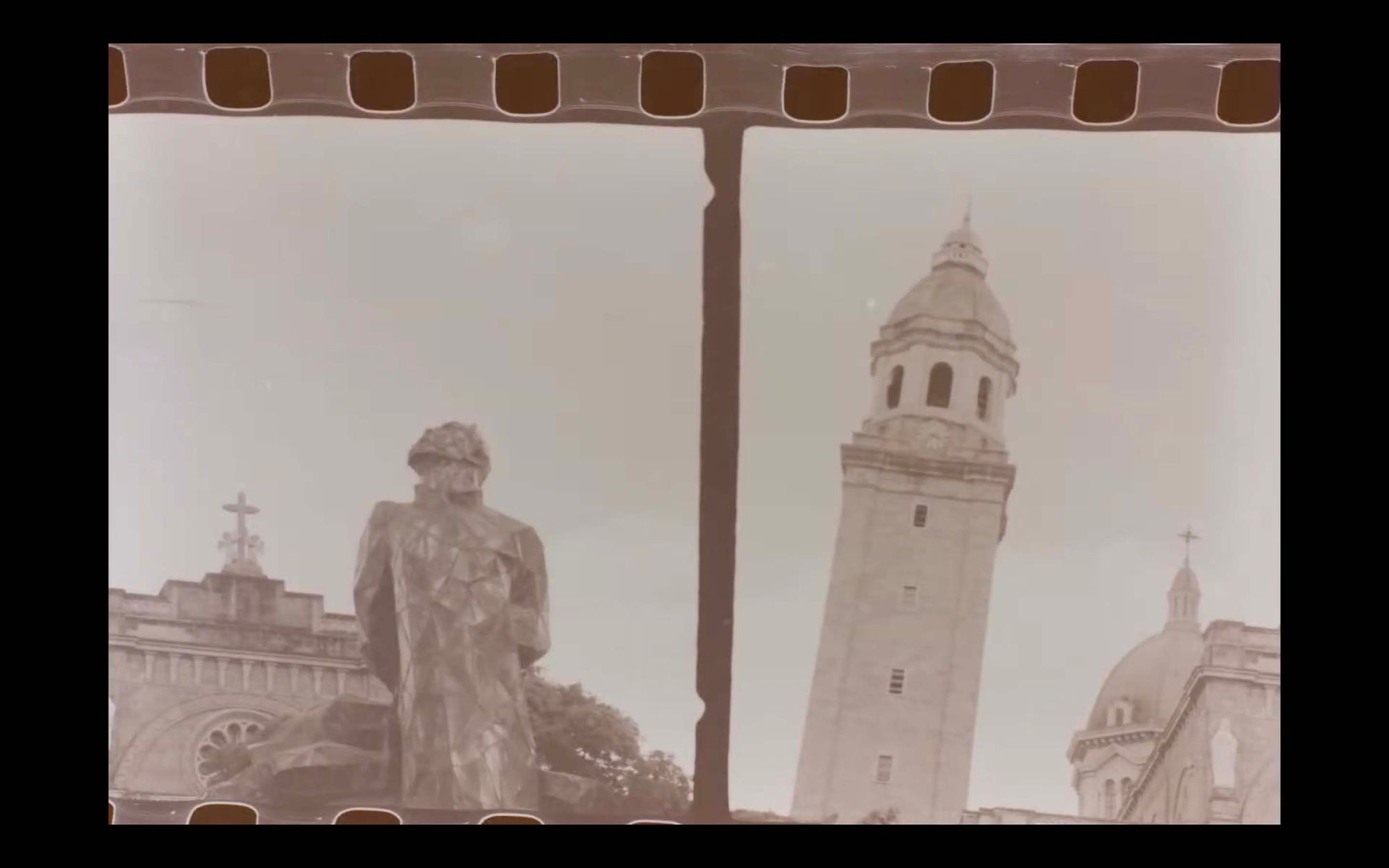 A sepia-toned dyptich of the Gomburza Monument and the Manila Cathedral.
