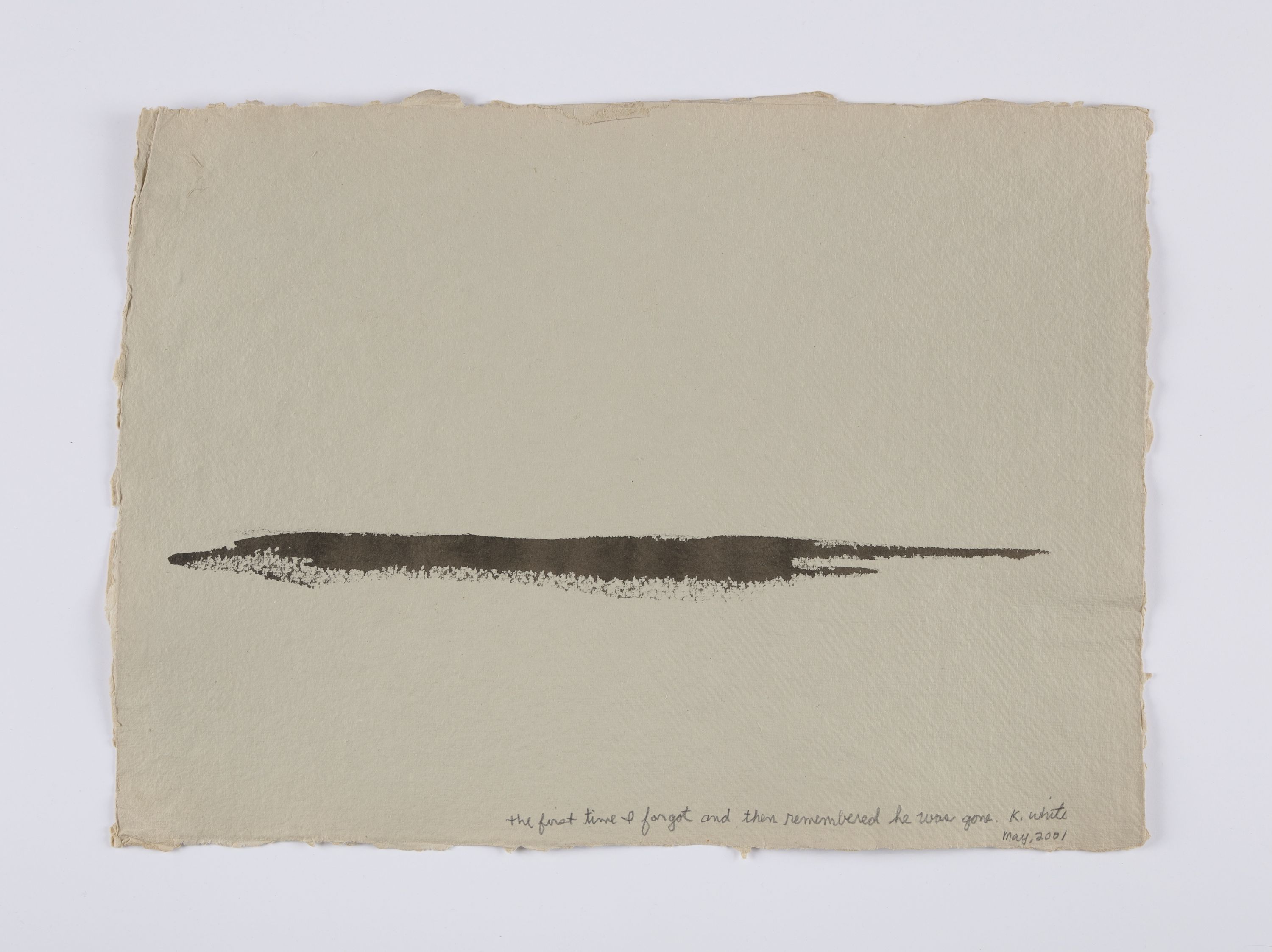 A close-up view of one of the drawings in "A Year of Firsts," featuring a long, wide brown mark