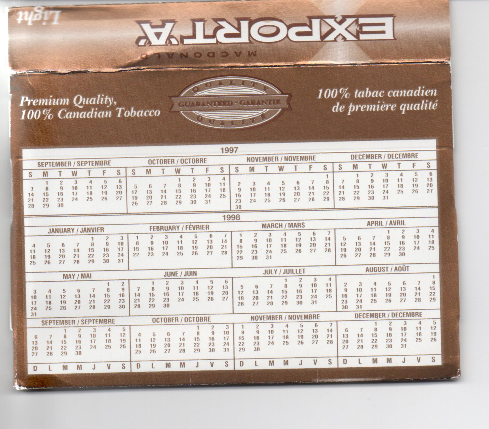 Calendar on the back of Export ‘A’ cigarette packaging