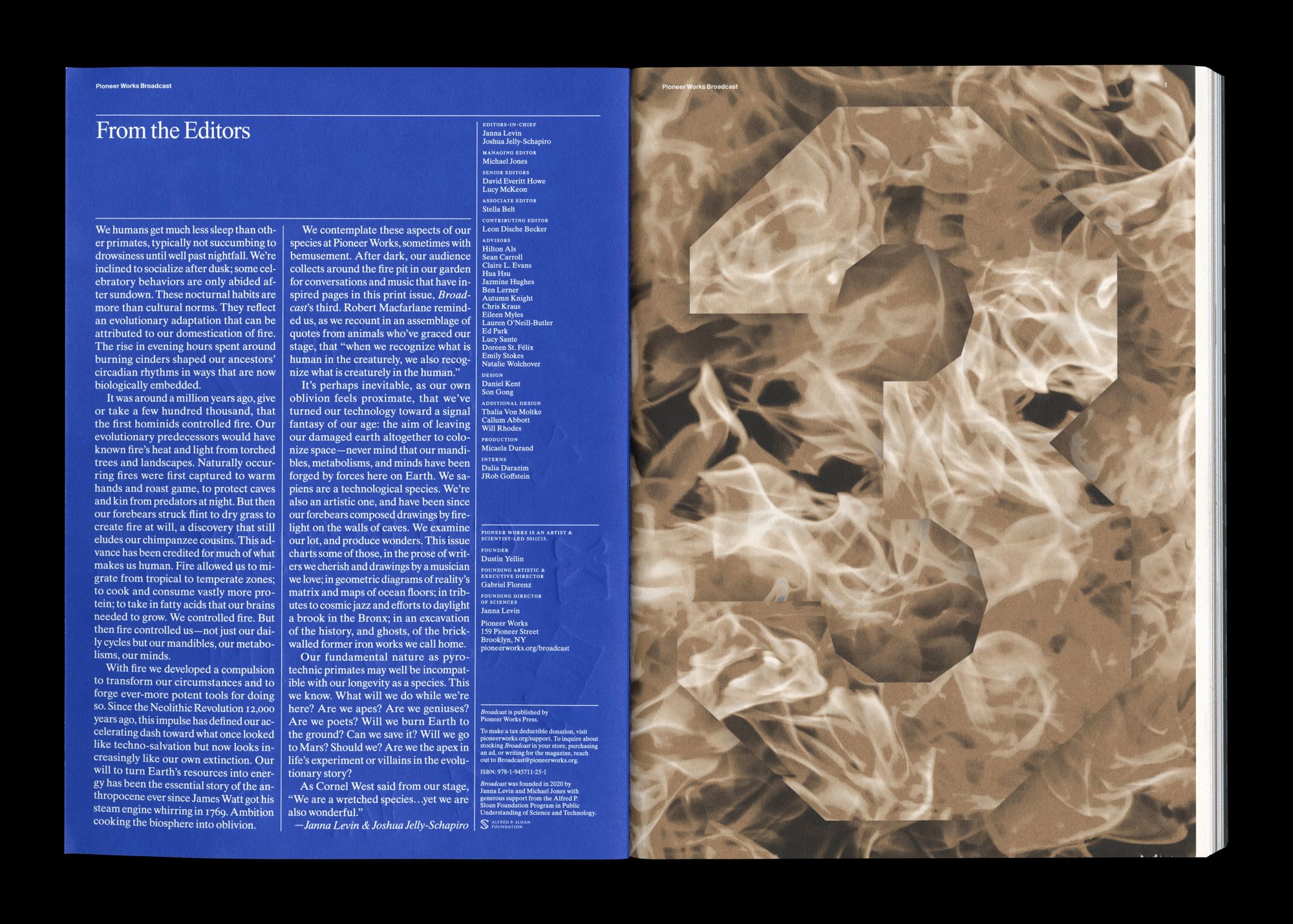 A scanned image of a magazine, open to the first page, which includes an editor's note and a large #3 engulfed in muted gold flames.