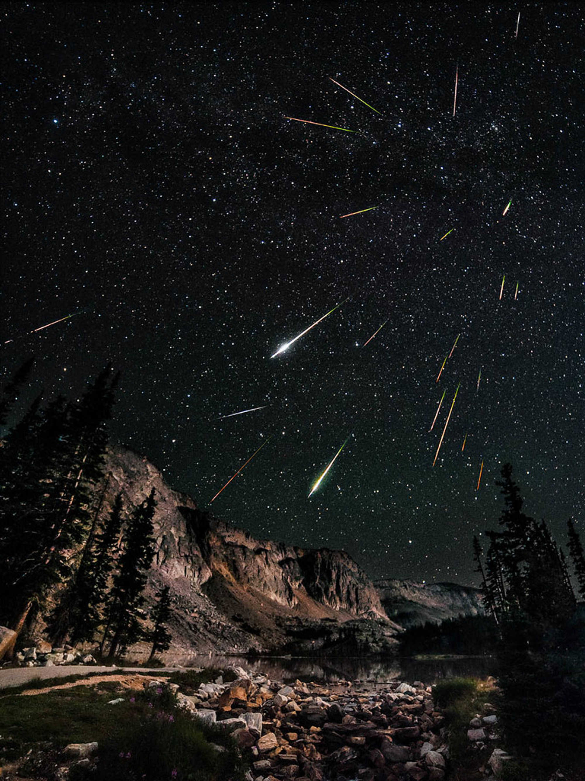 Meteor shower atop a snowy range in Wyoming.