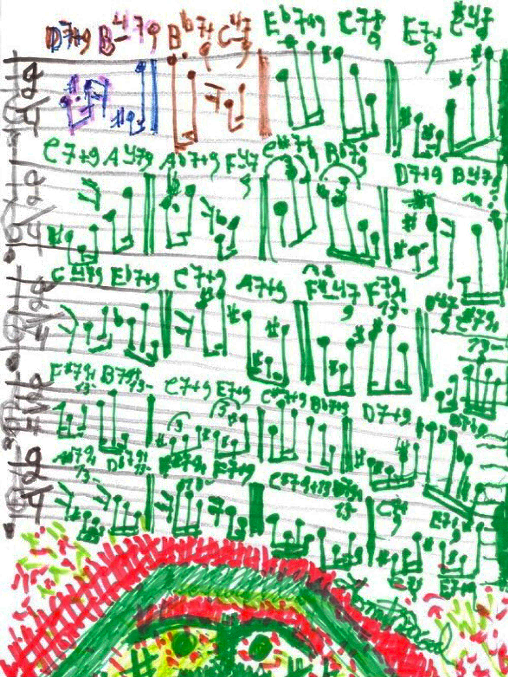 Sheet music hand-drawn in colorful marker, with a creature's face drawn at the bottom of the page.