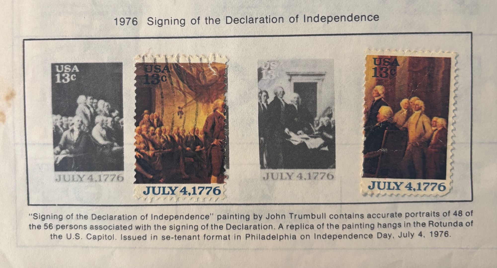 Four stamps commemorating the signing of the Declaration of Independence.