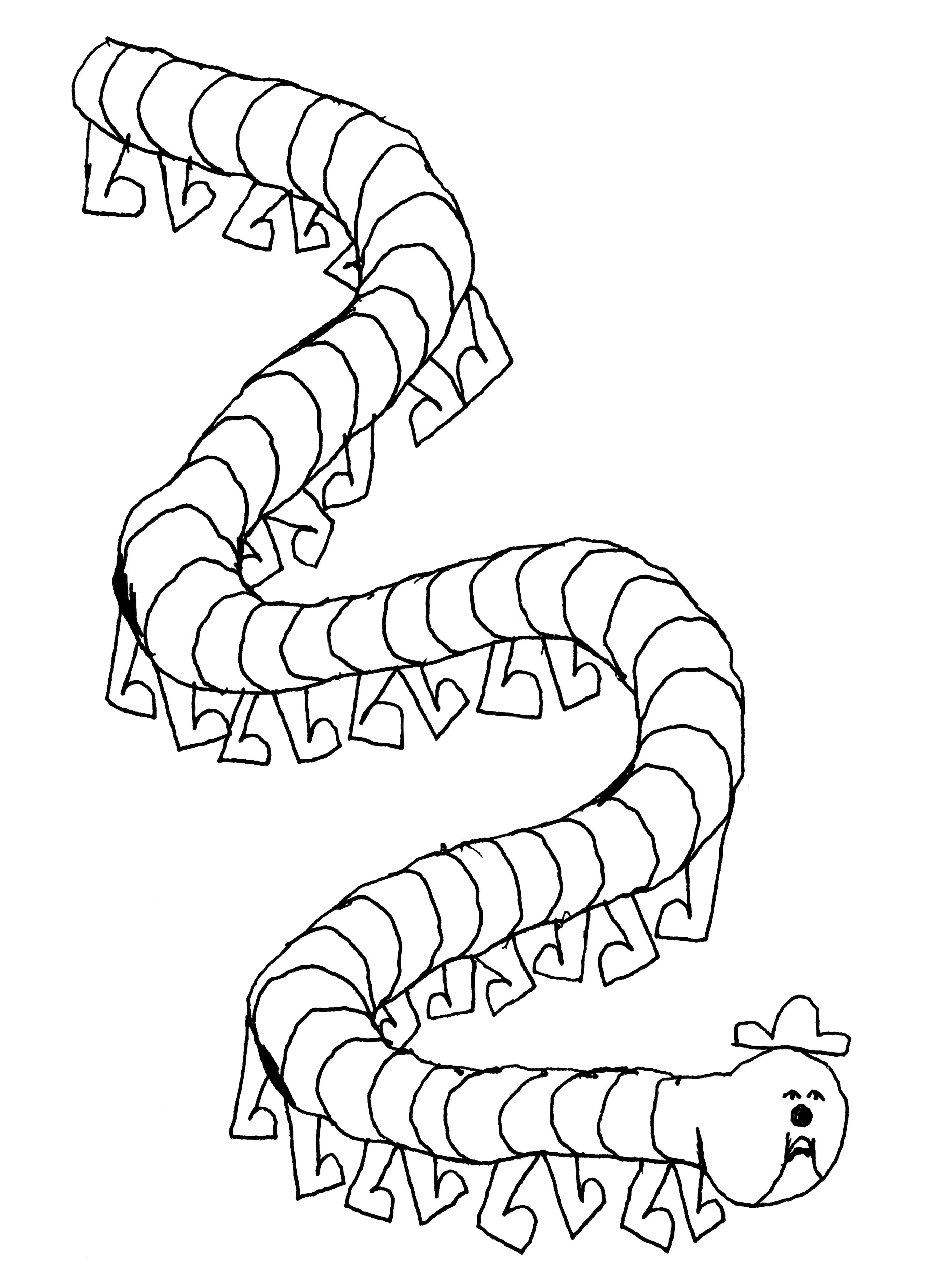 A line-drawn caterpillar with a smiling face and a hat on its head.