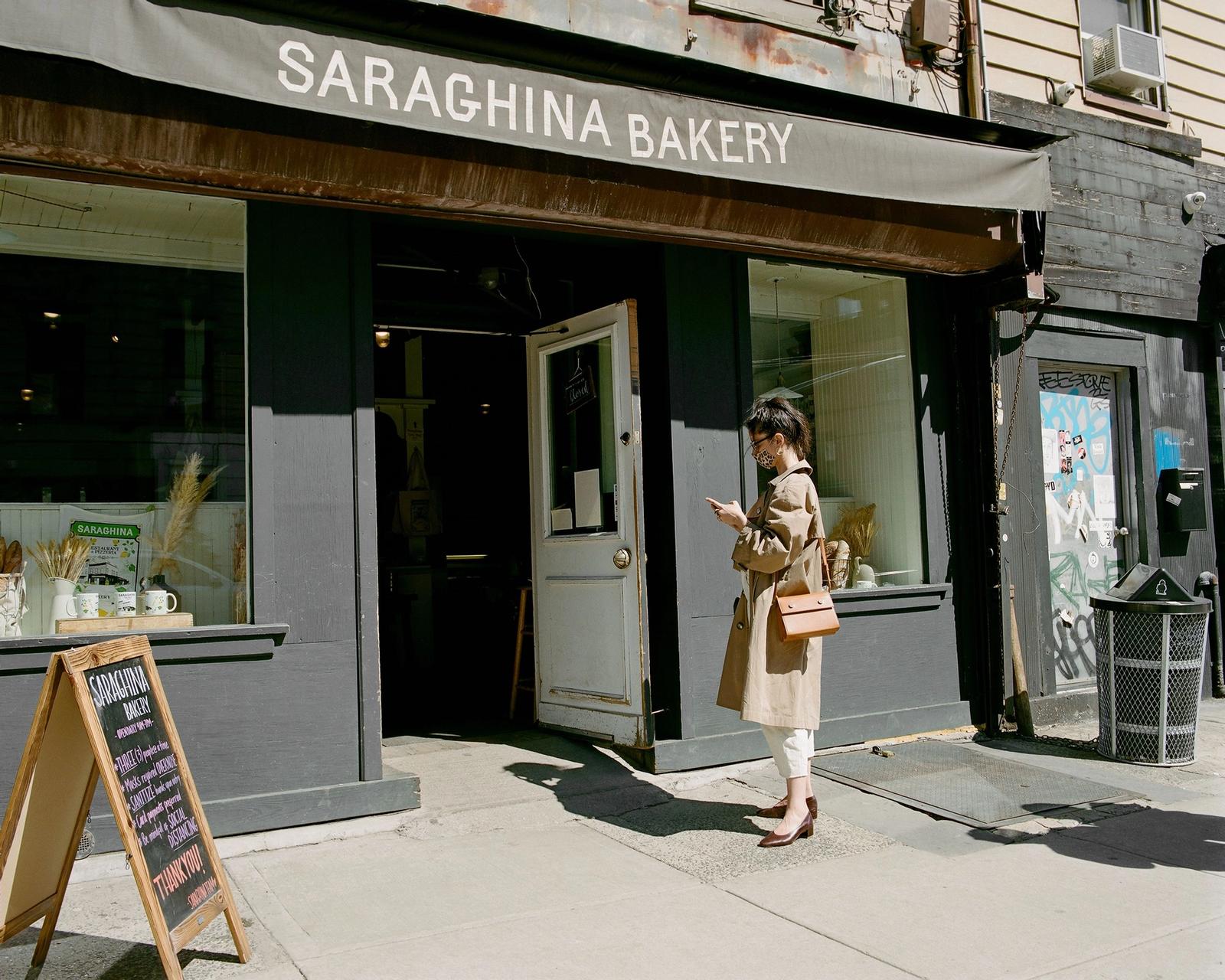 Anna Polonsky in front of SARAGHINA BAKERY