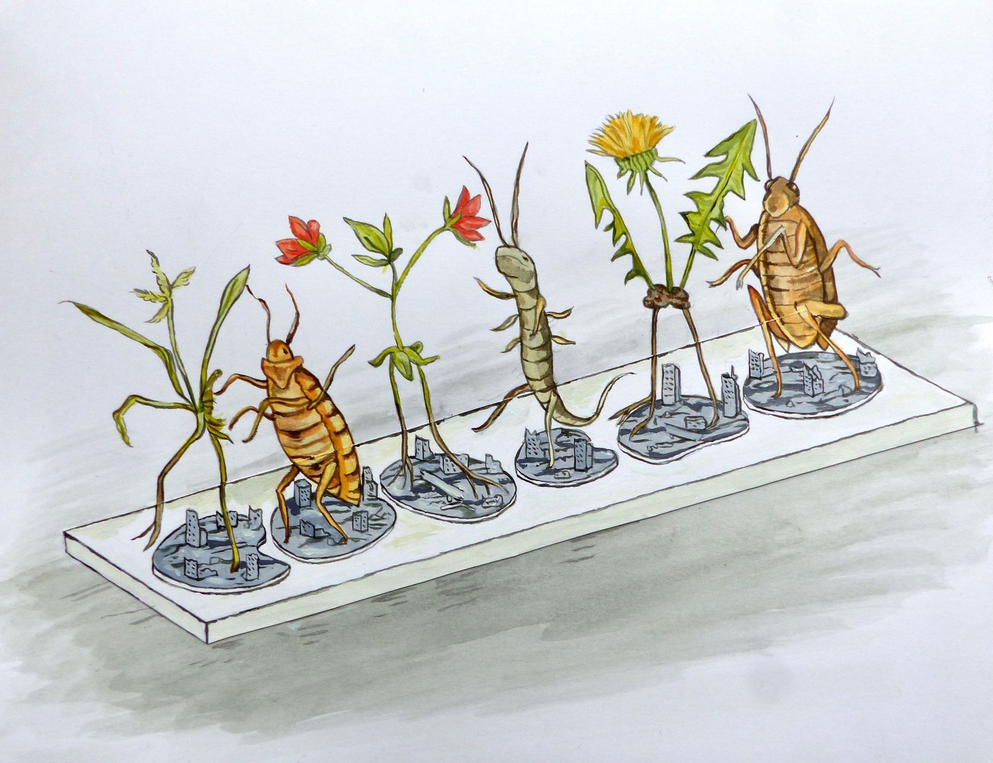 Sketch of insects and plants walking over tiny cities. 