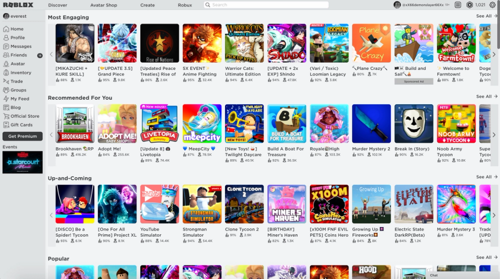 Screenshot of the Roblox Homepage, with dozens of buttons to individual experiences