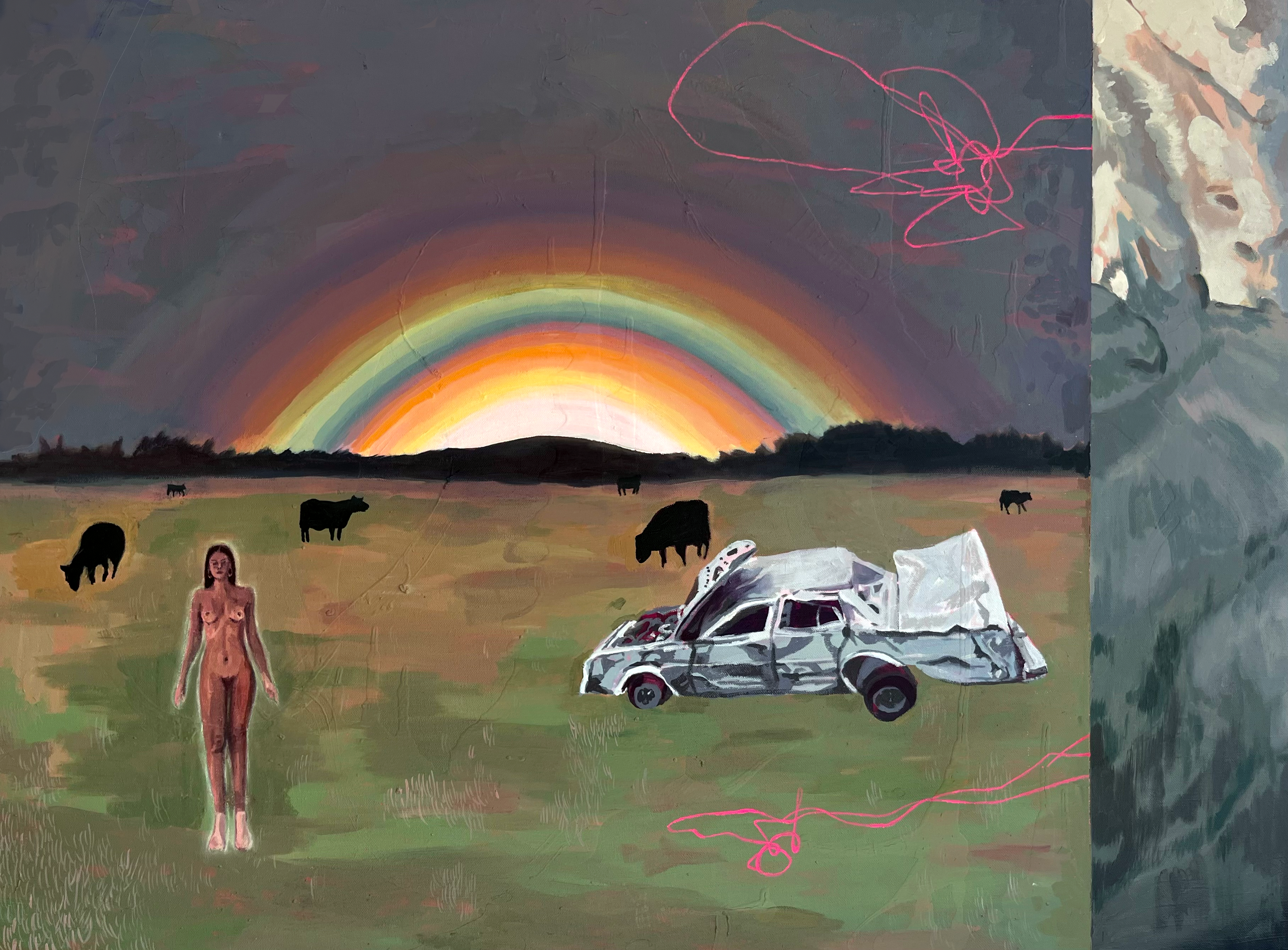 A painting that features a naked woman floating in a field of cows, amidst a car wreck.