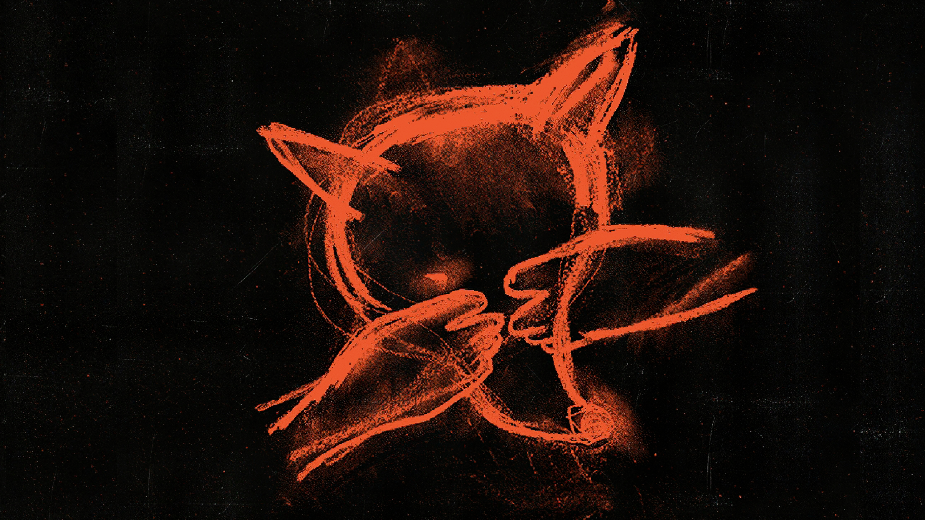 A charcoal drawing, rendered in orange on a black background, of a coyote peering out from behind his paws.