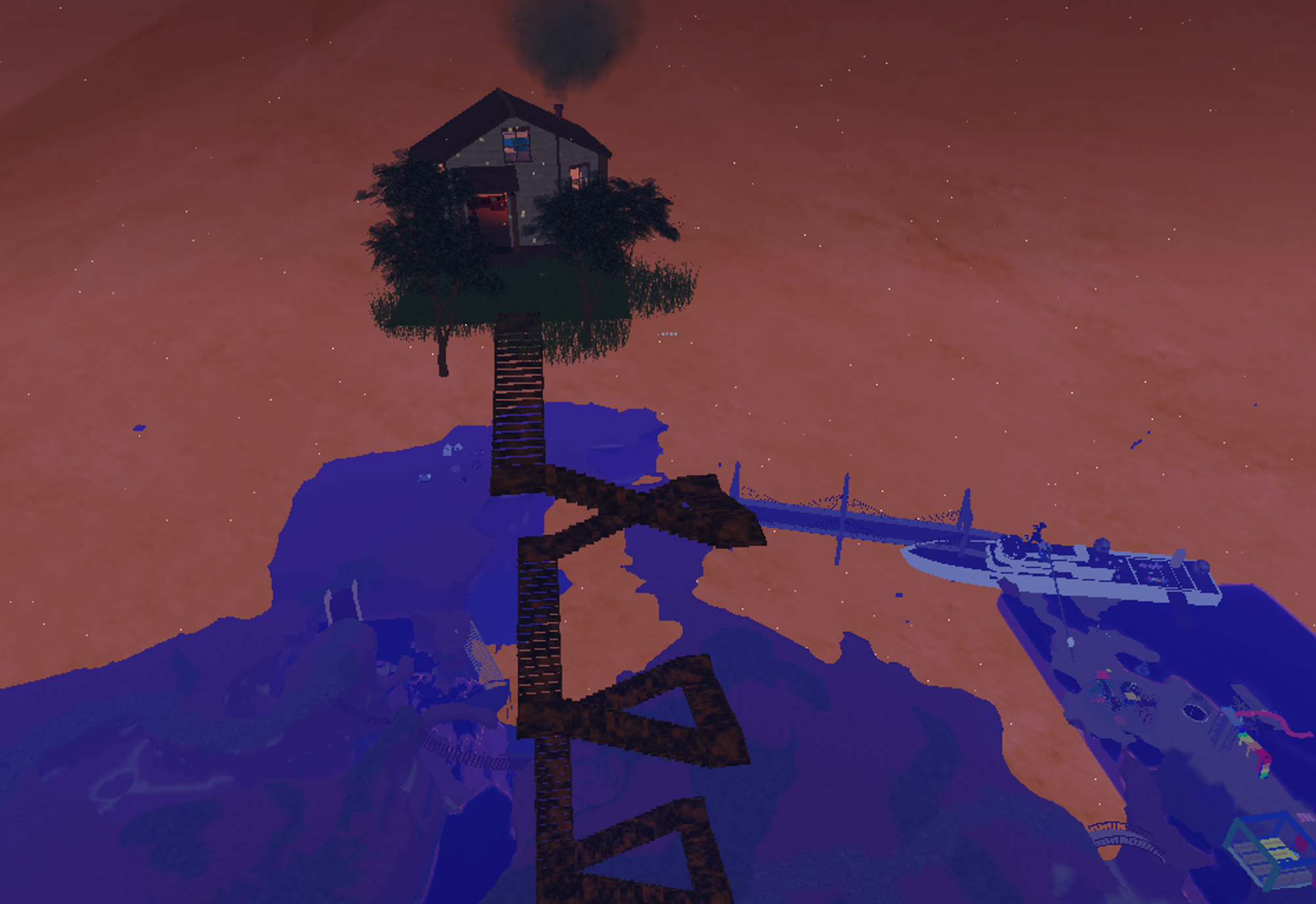 A cabin floating at the top of spiral staircase. You can see a boat and a bridge far below