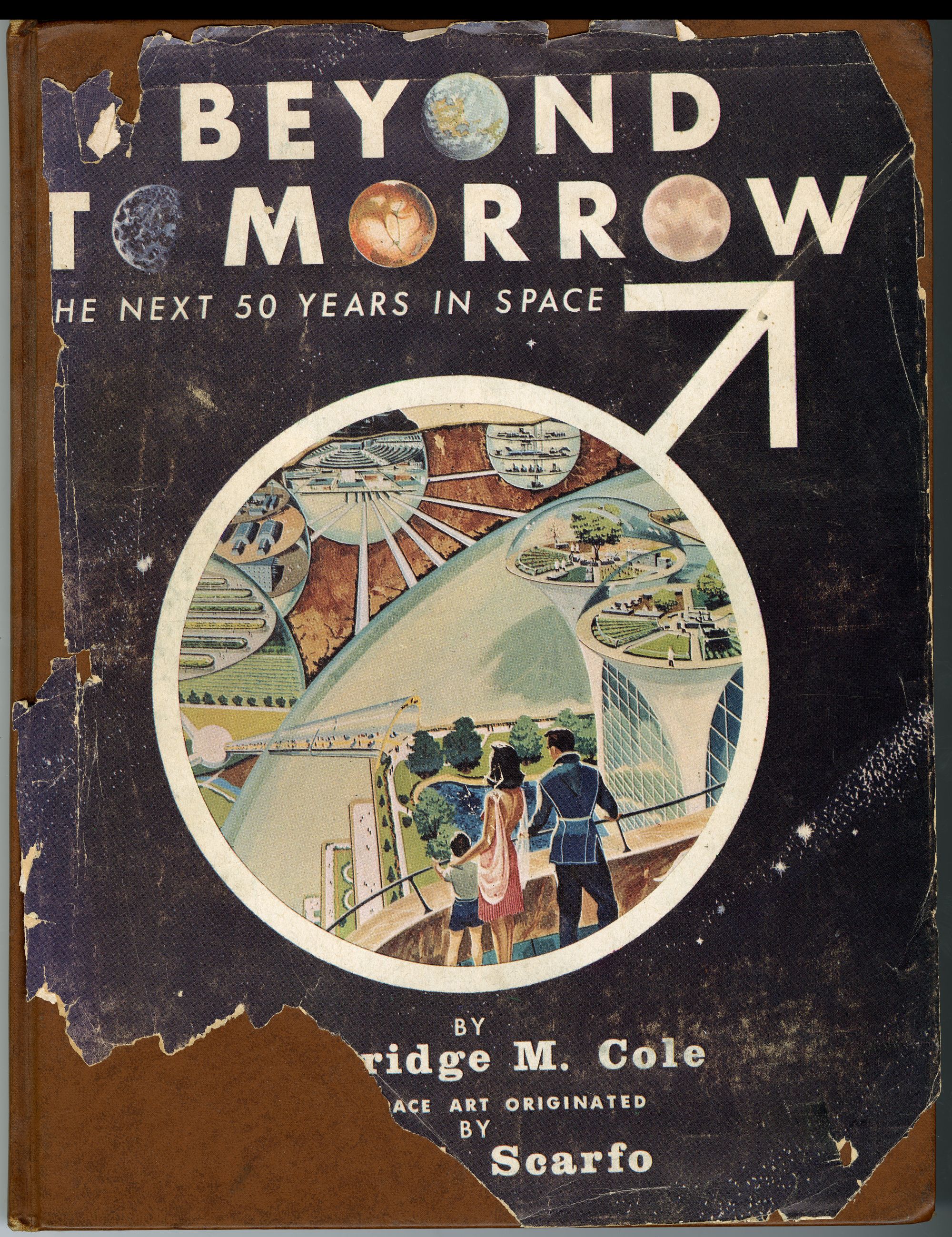 A tattered book cover, with the text 'Beyond Tomorrow'