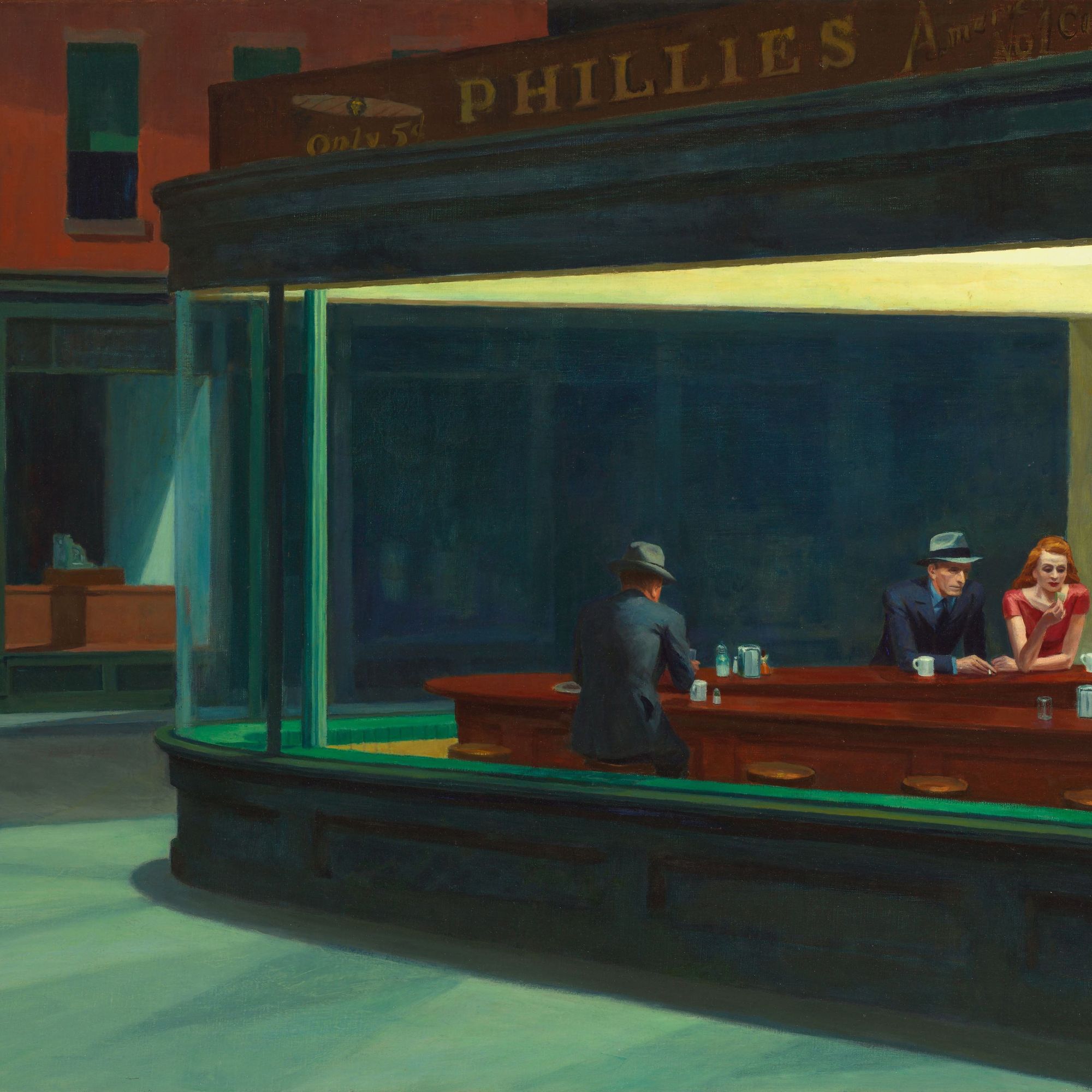 Edward Hopper painting of a man in a diner late at night.