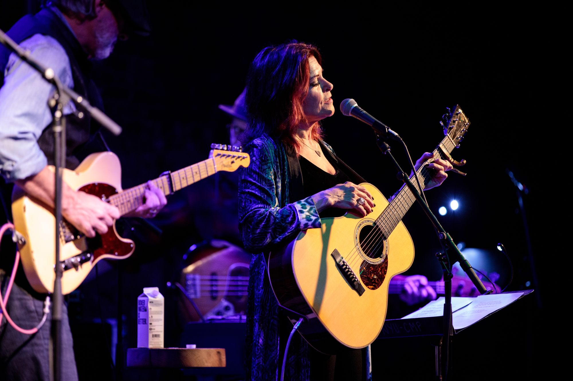 Rosanne Cash captured in profile, singing into a microphone in the spotlight of an otherwise darkened stage.