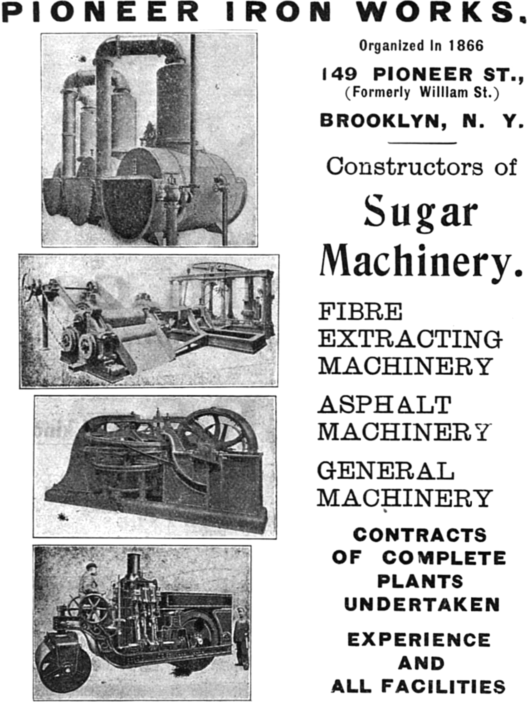 A black-and-white scan of an advertisement for Pioneer Iron Works, featuring industrial machinery on the left and its descriptions on the right.