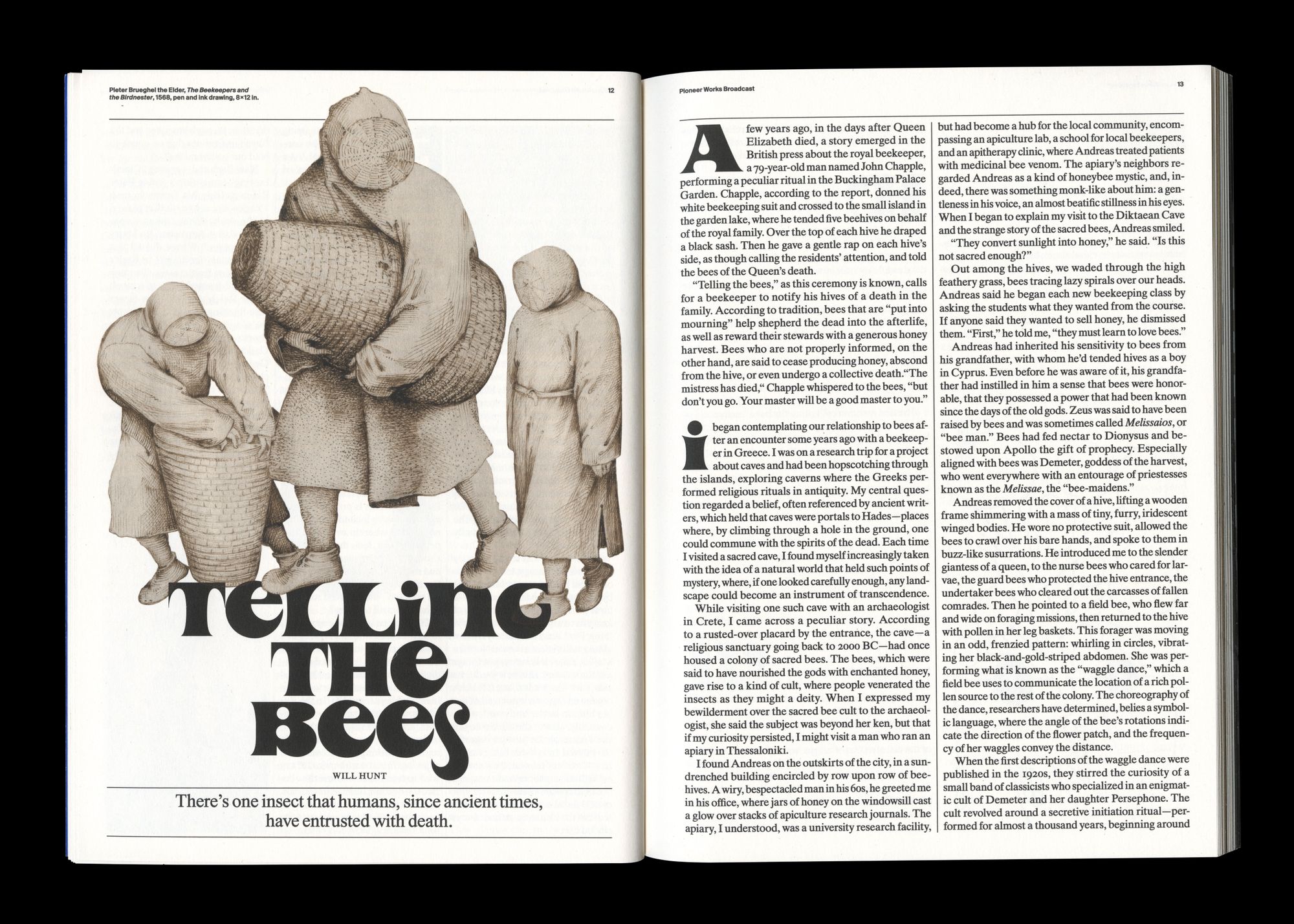 A scanned image of a magazine, open to an article titled "Telling the Bees."