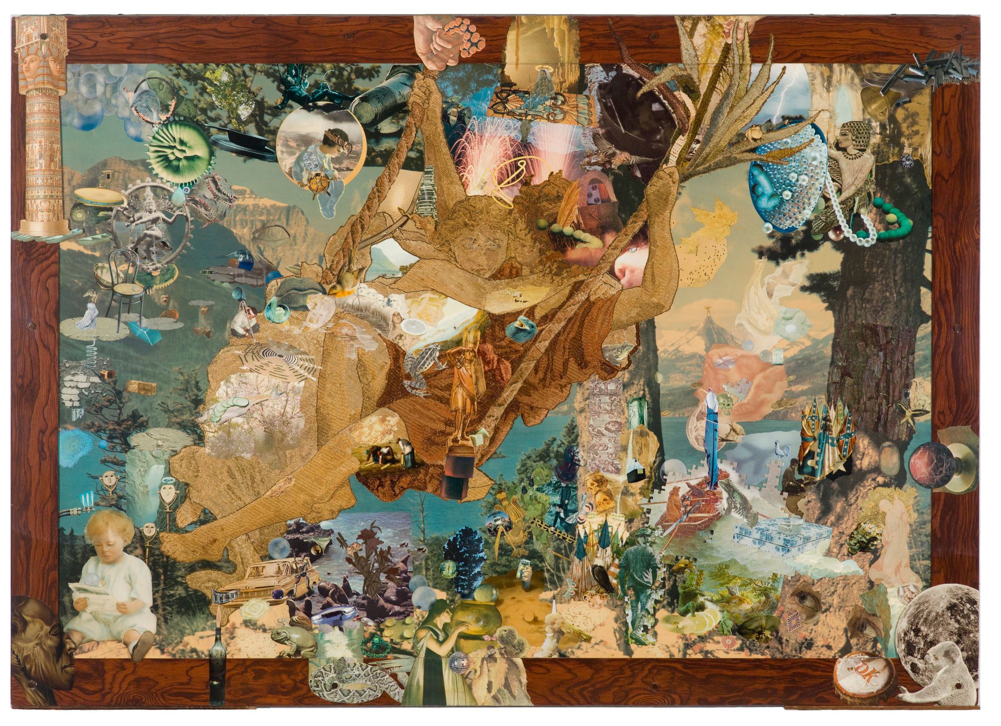 An ornate collaged tapestry with two figures kissing on a swing in the foreground.