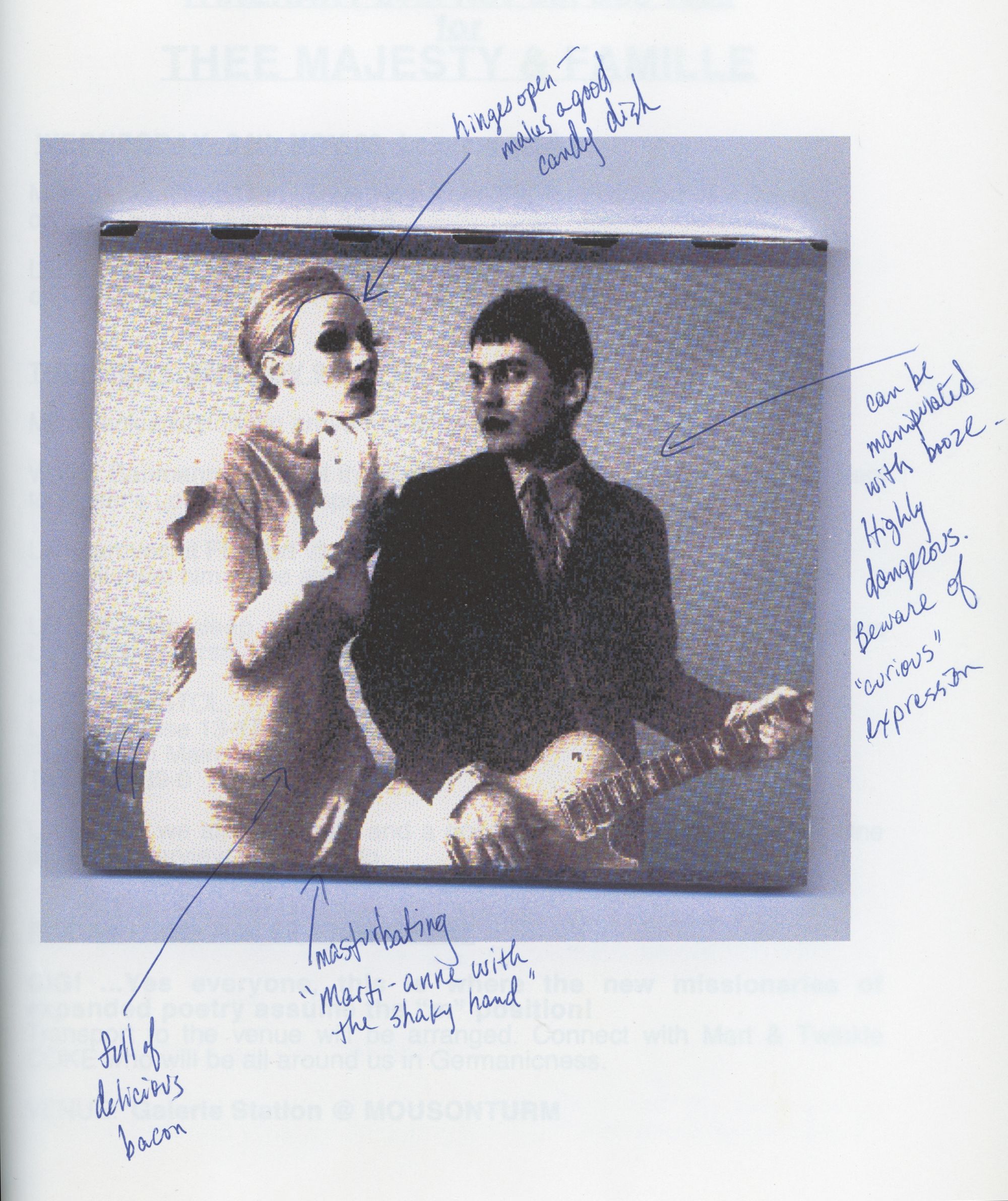 A black and white photo with notes in purple pen written in the margins