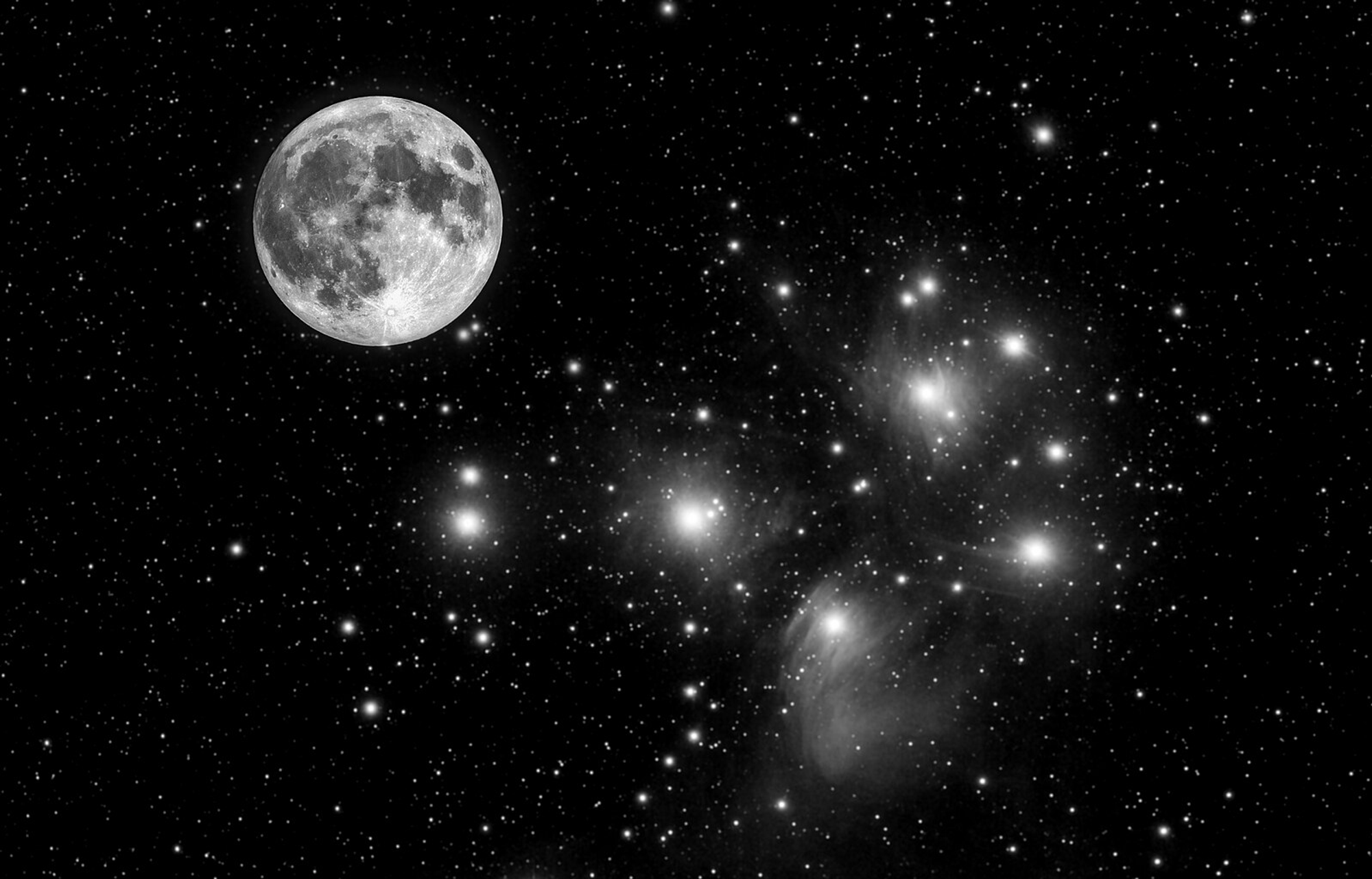Moon in front of star cluster