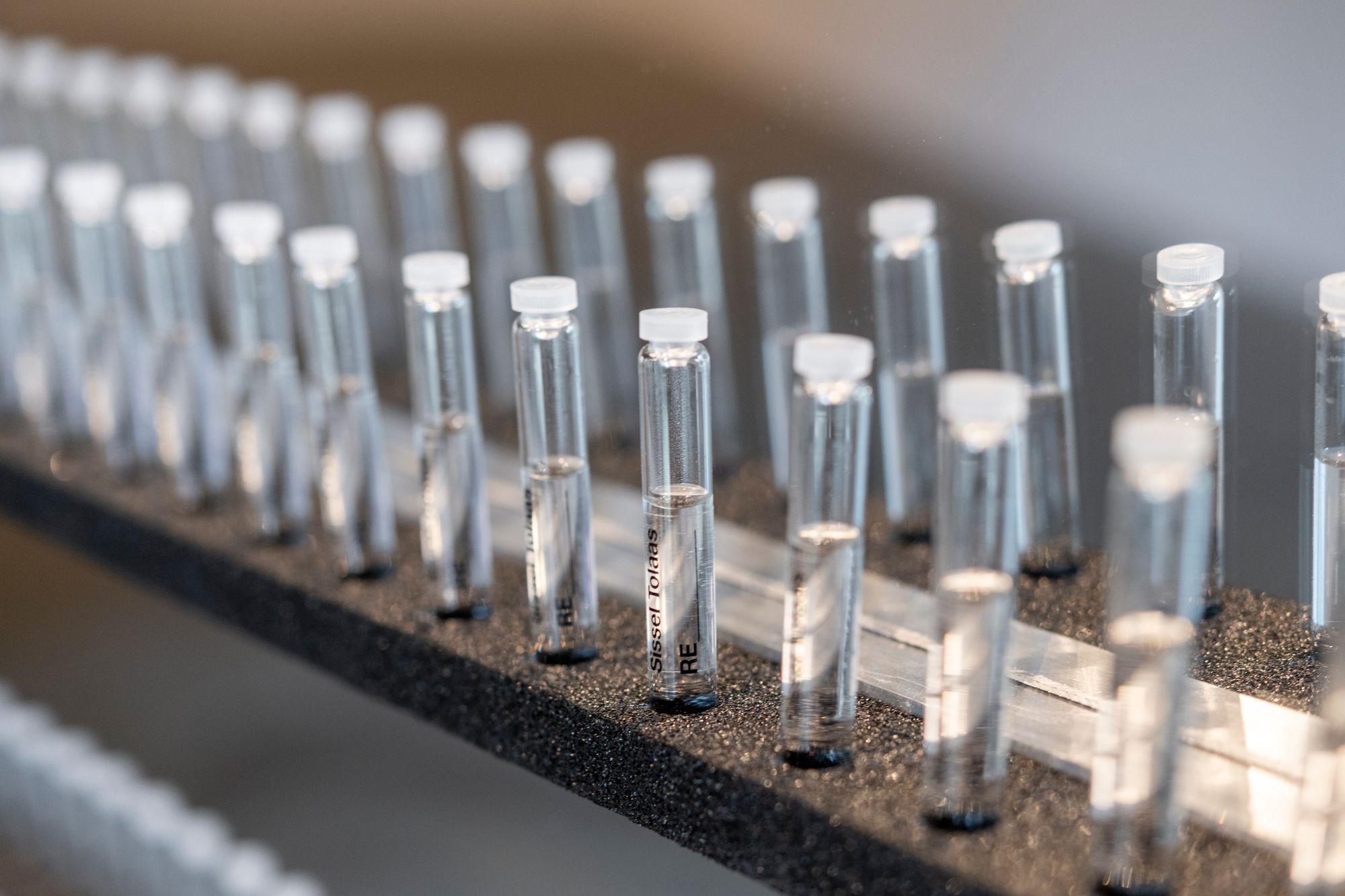 Rows of clear corked vials labeled "Sissel Tolaas", half-full of a transparent liquid.