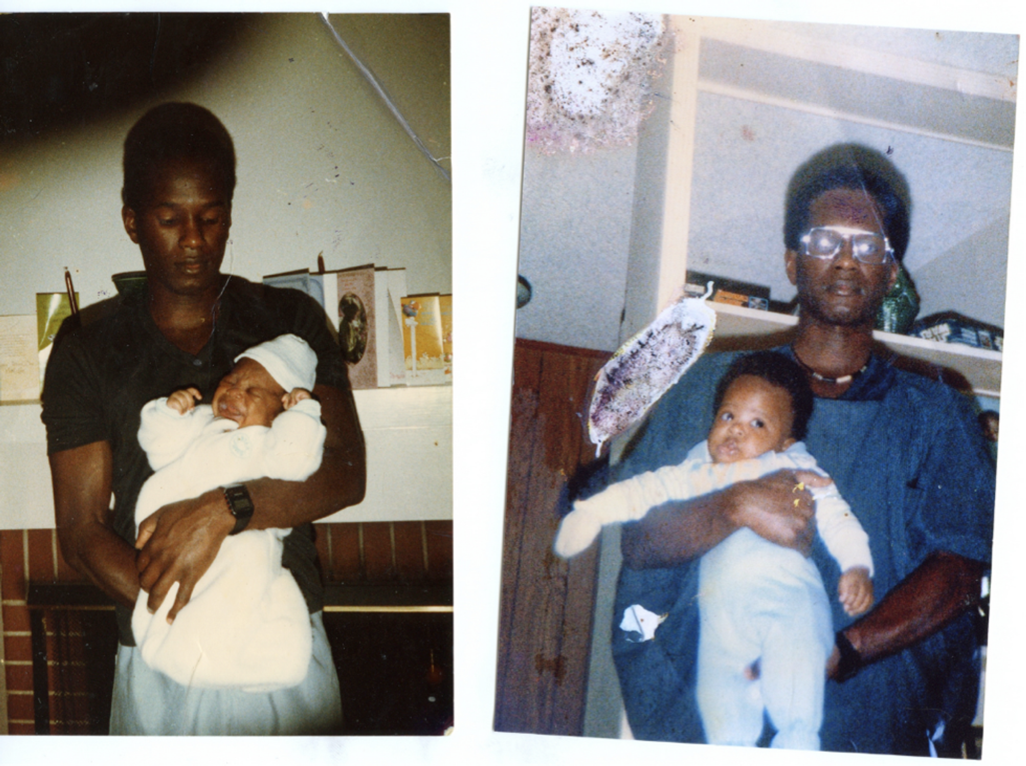 Two film photographs of a man holding a small child.