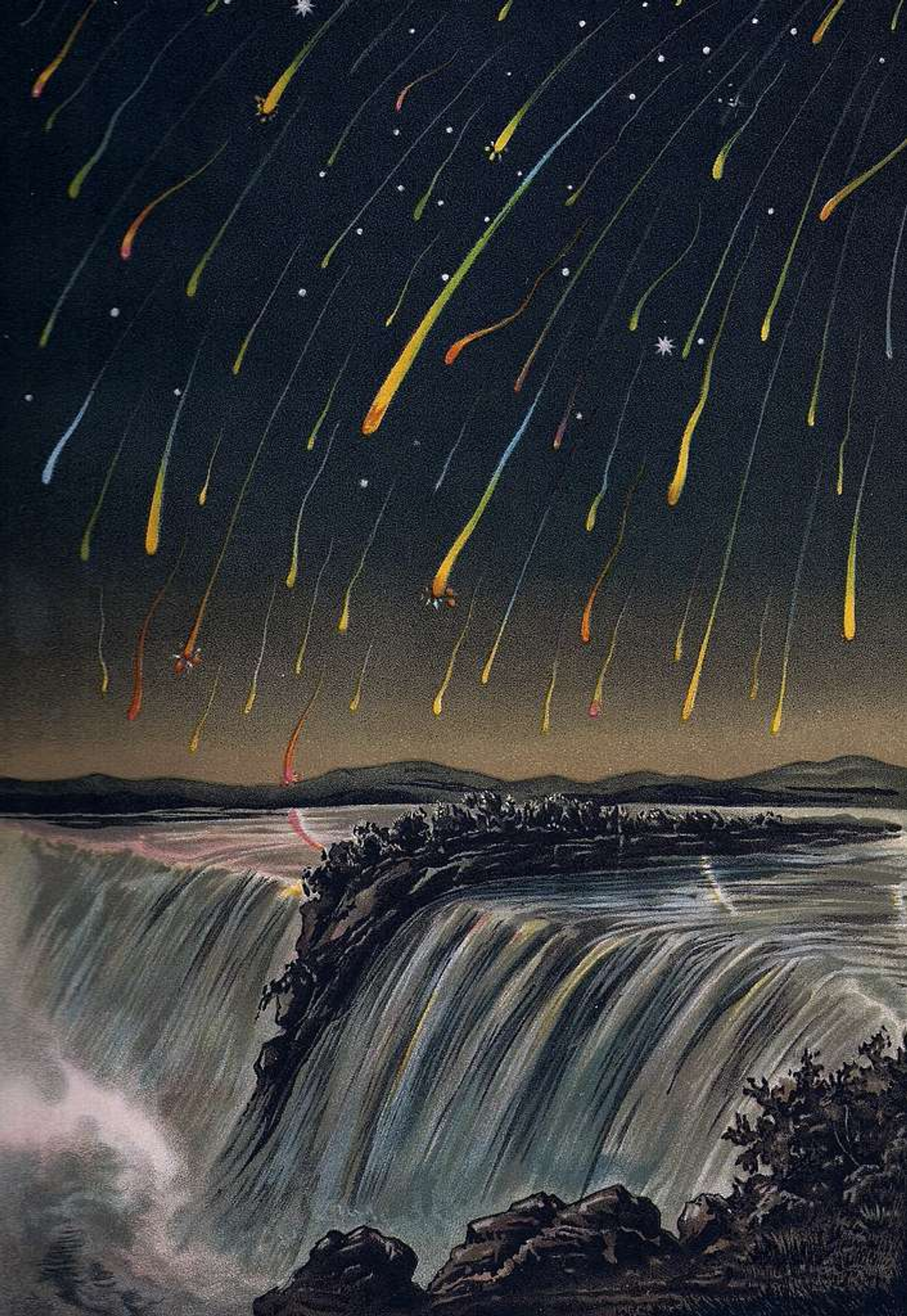Colorful book illustration of the leonid meteros
