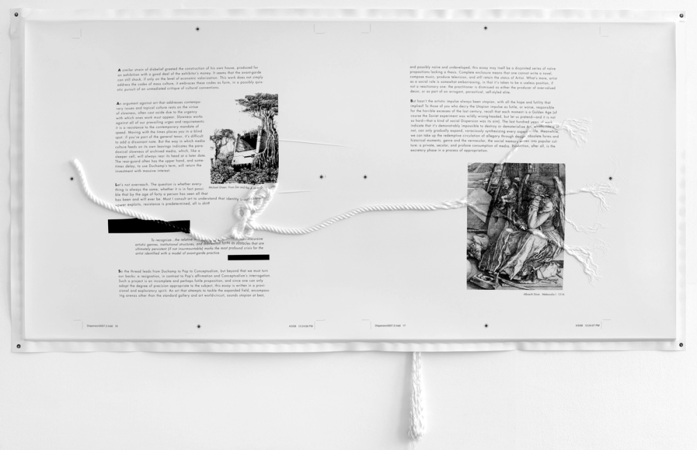 Seth Price, Essay with Knots, pp. 16–17, 2008, Screenprint on polystyrene vacuum-formed over rope, 48 x 96 inches. Courtesy of the artist and Petzel, New York.