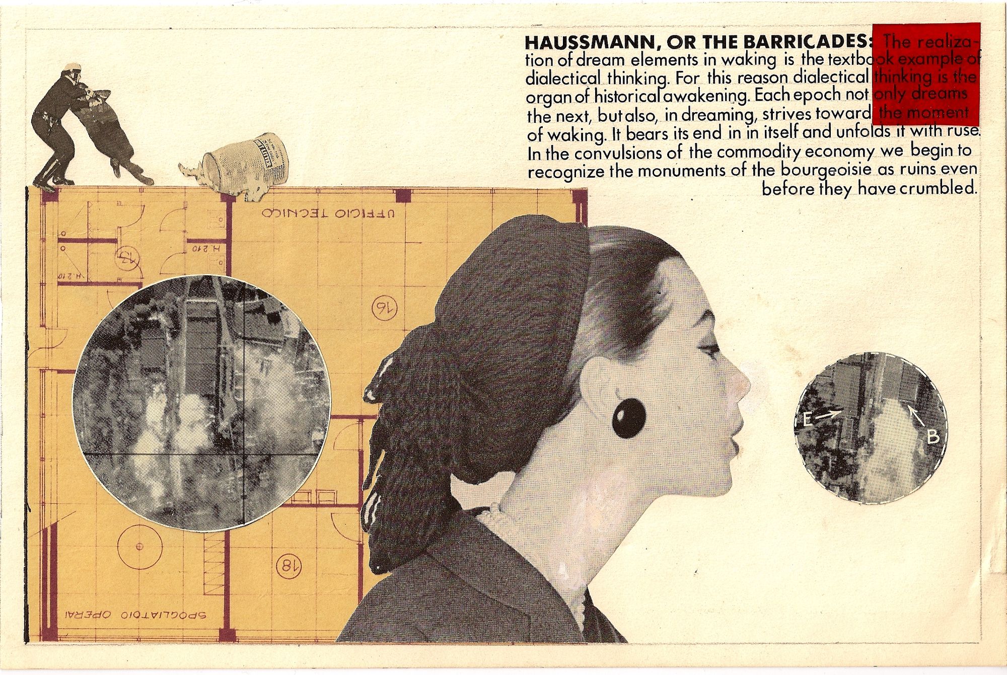 A collage featuring a woman in profile against a light yellow background, featuring text and other abstract shapes.