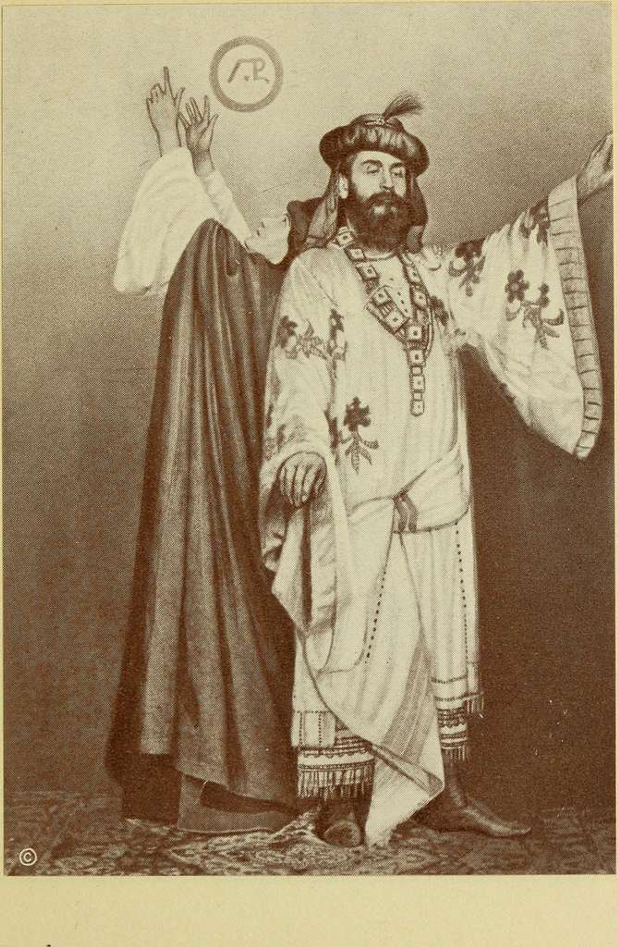 Old portrait of omar khayyam wearing a robe and having hand in the air 