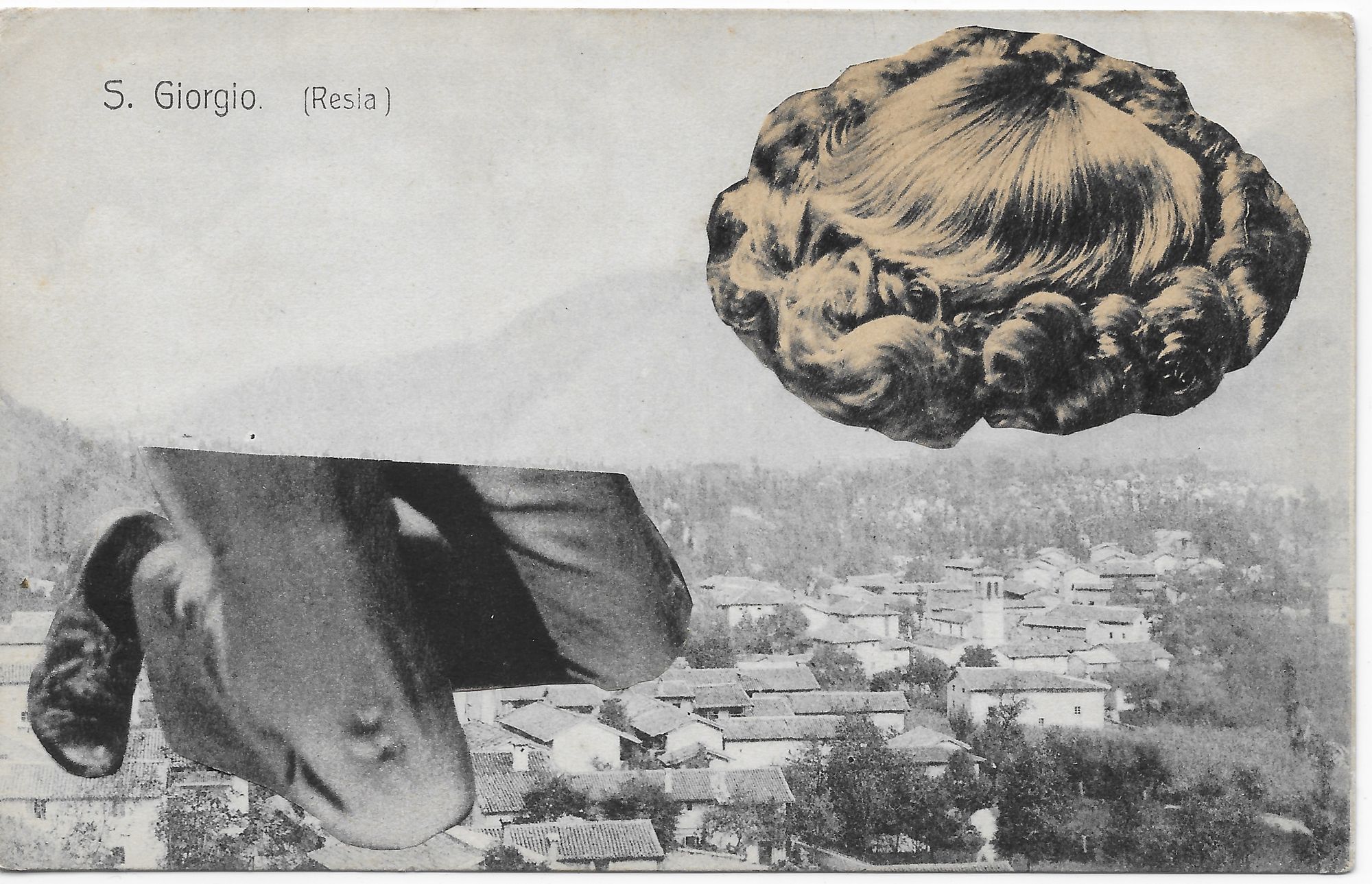 A collage featuring a golden wig and a severed pair of legs wearing trousers, both floating atop a vintage photograph of an Italian village.